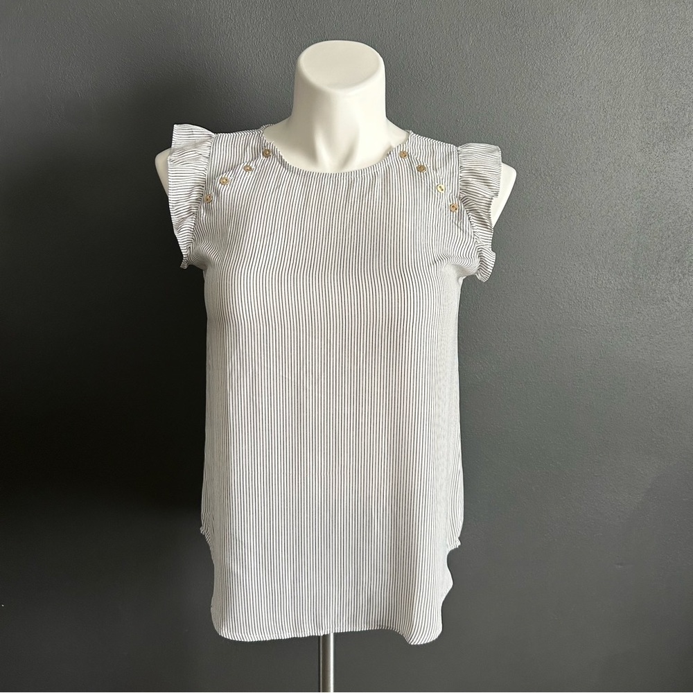LOFT White & Black Striped Ruffle Blouse M